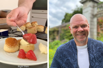 Chef Tom Kerridge sparks debate over scone pronunciation, upsetting fans. Northerners prefer 'scon' while Southerners, like Kerridge, say 'scone'. Recipe coincides with Wimbledon.