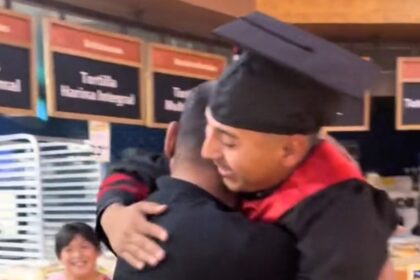 A high school graduate surprises his dad at his supermarket job to celebrate his achievement, resulting in a heartfelt viral moment with nearly 8 million views on TikTok.