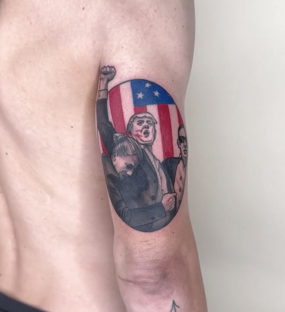 A Trump fan gets a viral tattoo of the ex-president's iconic punch after an assassination attempt. Tattoo artist Tim Lease shares the story behind the $700, three-hour creation.