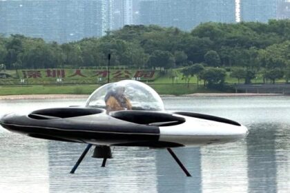 A new ‘UFO taxi’ with 12 battery-powered motors can take off and land on water. It flies up to 650 feet for 15 minutes, carries two passengers, and offers scenic rides in Shenzhen.