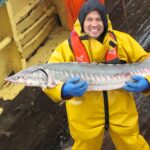 Stunned fisherman Sean Beck catches a critically endangered European sturgeon near Dartmouth, Devon. The rare fish, owned by King Charles, was released back into the wild.