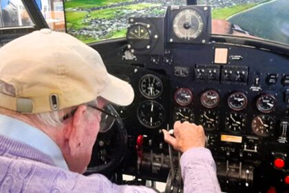 WW2 RAF veteran Roy Oldcorn, 100, took to the skies again in a Lancaster Bomber simulator. He piloted from Manston, Kent, to London City Airport, celebrating his milestone birthday.