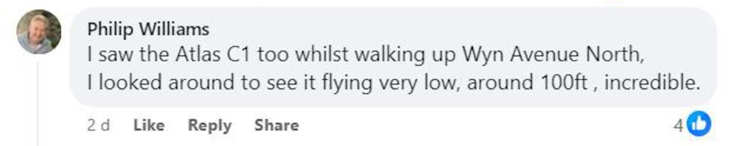 Social media comment on the post of Residents of Old Colwyn were stunned as a ‘Mission: Impossible’ plane swooped low overhead, echoing a famous Tom Cruise stunt. The RAF Atlas C1 left locals in awe.