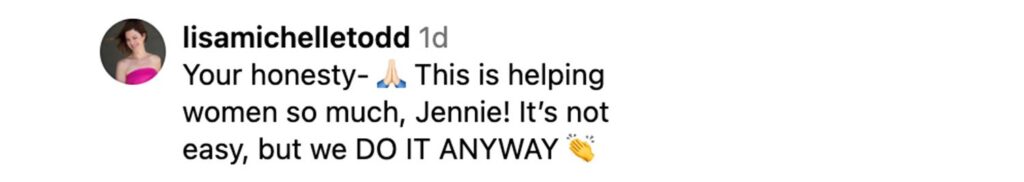 Social media comment on the post of Jennie Garth shares her fitness journey and menopause struggles in a candid video, inspiring fans with her honesty about body pain, osteoarthritis, and daily challenges.