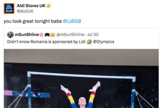 Aldi and Lidl's playful rivalry escalates as Aldi jokes about a gymnast's outfit resembling Lidl's colors, sparking amused customer reactions and cheeky social media exchanges.