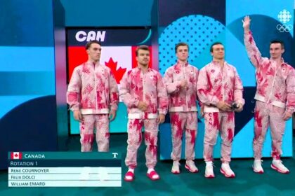 Canadian Olympic gymnasts' streaky bacon-like tracksuits spark online hilarity during the Paris 2024 games. Fans can't unsee the meaty resemblance, adding humor to the event.