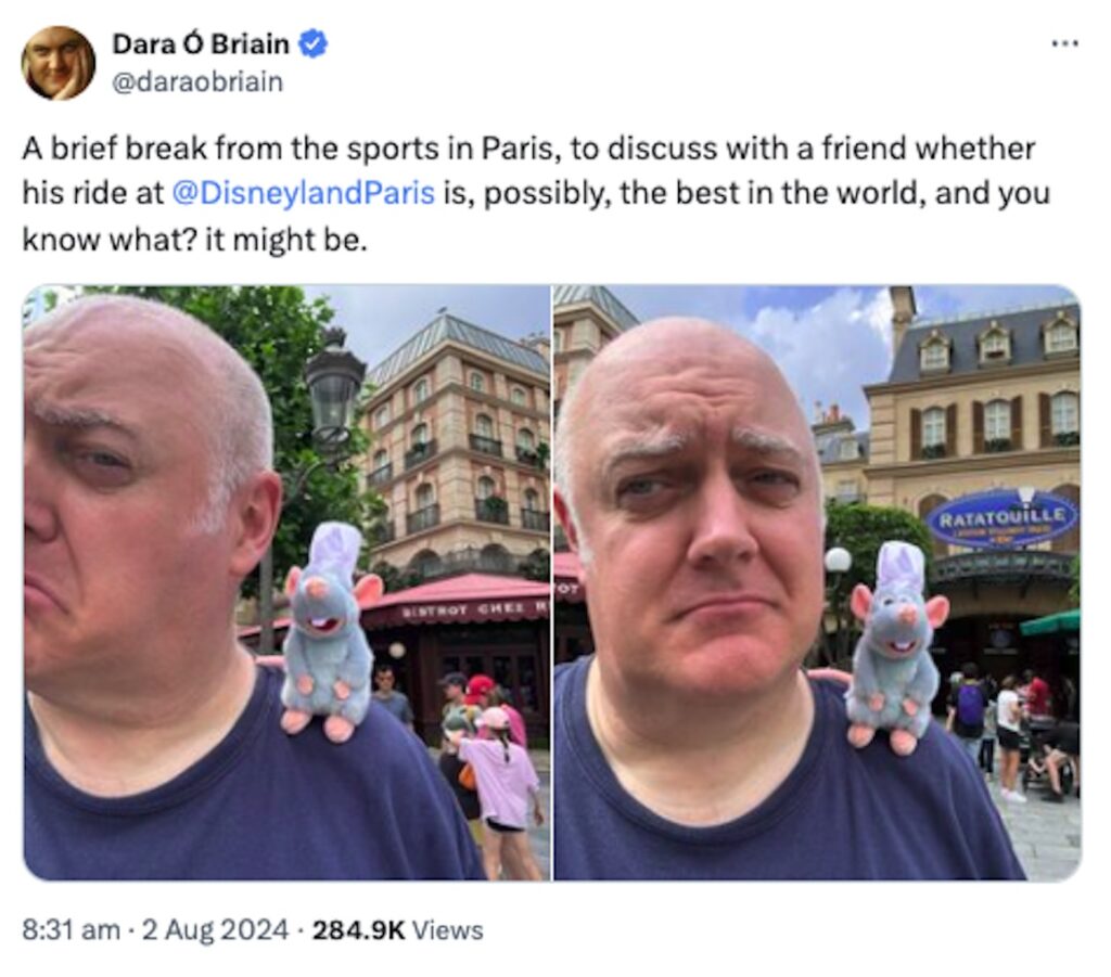 While cheering on Ireland at the Paris Olympics, Dara Ó Briain took a fun break at Disneyland Paris. The comedian, a big fan of Ratatouille, shared his magical experience.