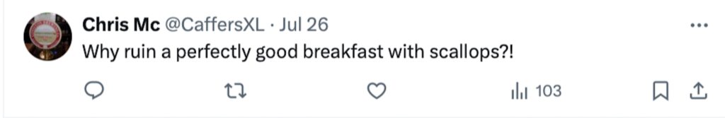 Social media comment on the post of Diehard fry-up fans criticize Billingsgate Cafe's Full English breakfast with scallops, sparking debate over the unique £13 dish featuring traditional items and scallops in garlic butter.