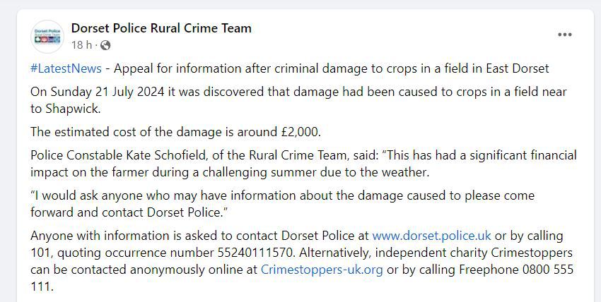 A farmer in Dorset reports £2,000 crop damage from a mysterious five-spoked wheel pattern, suspected to be made by aliens, prompting a police investigation.