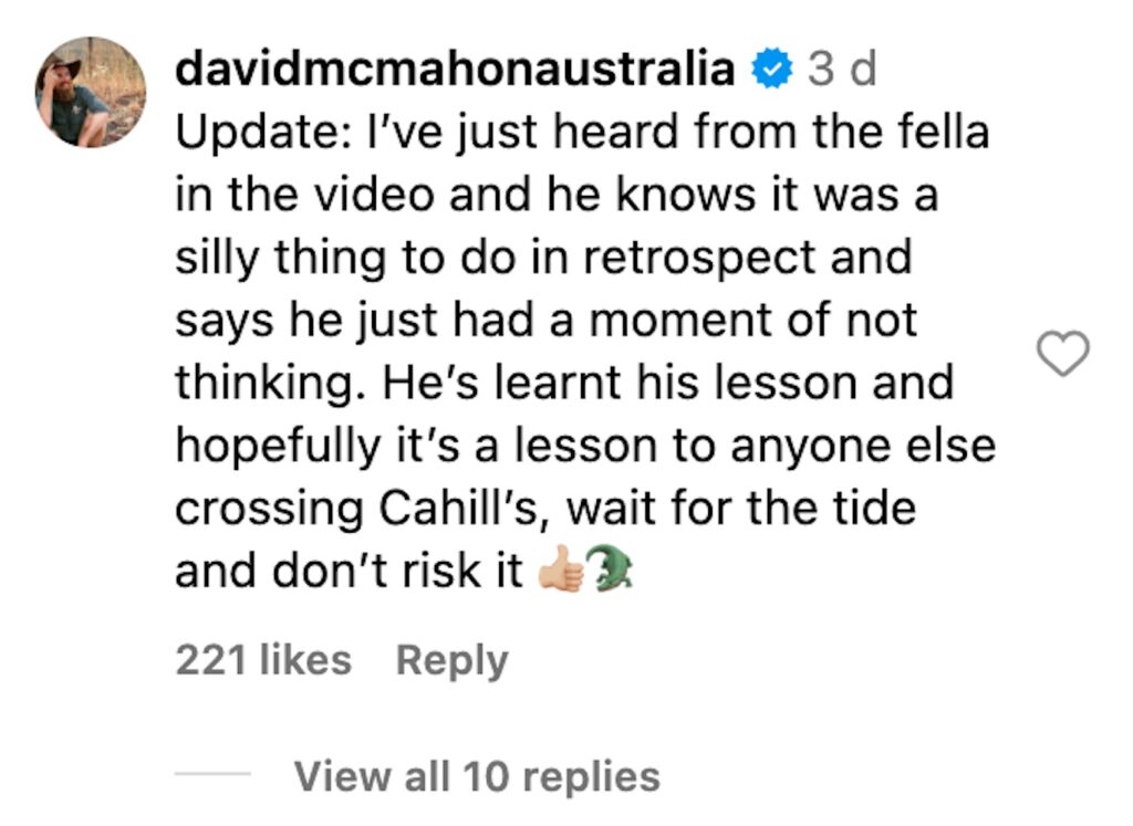 Social media comment on the post of A daring driver learns his lesson after getting stuck in crocodile-infested waters at Cahill's Crossing, with the viral video leaving viewers stunned by his narrow escape.