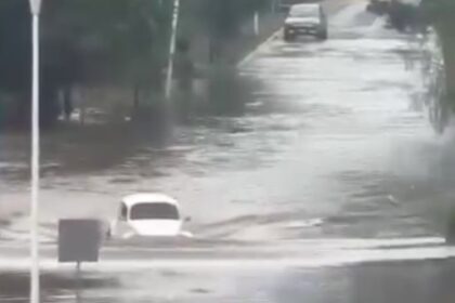 A VW Beetle impressively drives through a flooded street in Mexico, earning online praise as a "formidable amphibian" for its sturdy performance in the deluge.