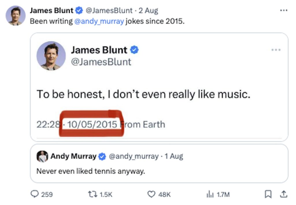 James Blunt hilariously calls out Andy Murray for reusing his joke after the tennis star’s retirement tweet. Fans suggest the duo start a podcast for more laughs.