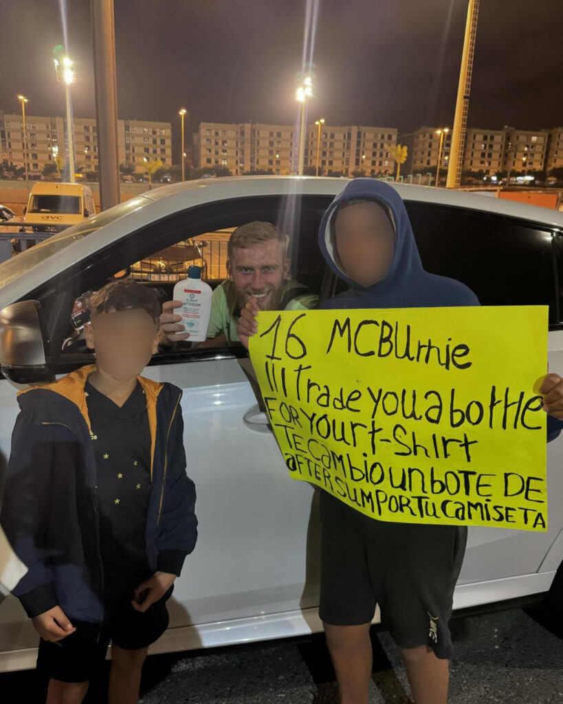 Joker footie fans gift pale striker Oli McBurnie a bottle of Aftersun after his move to sunny Las Palmas, capturing the hilarious moment in a viral snap.