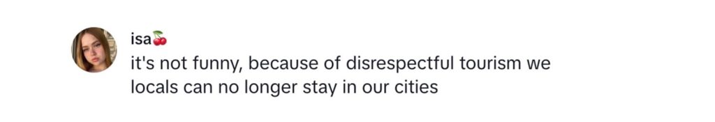 Social media comment on the post of A tourist sparks online debate by sarcastically thanking Barcelona for a "warm welcome" beside a "tourists go home" sign, highlighting tensions over mass tourism in the city.