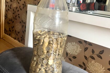 A man from West Yorkshire saved £5,000 by filling a Coca-Cola bottle with £1 coins over four years. His TikTok video went viral with 1.6 million views.