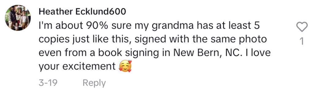 Social media comment on the post of A woman finds a signed first edition of Nicholas Sparks' "The Notebook" for just $2 at a charity shop, potentially worth £300, sparking excitement and disbelief online.