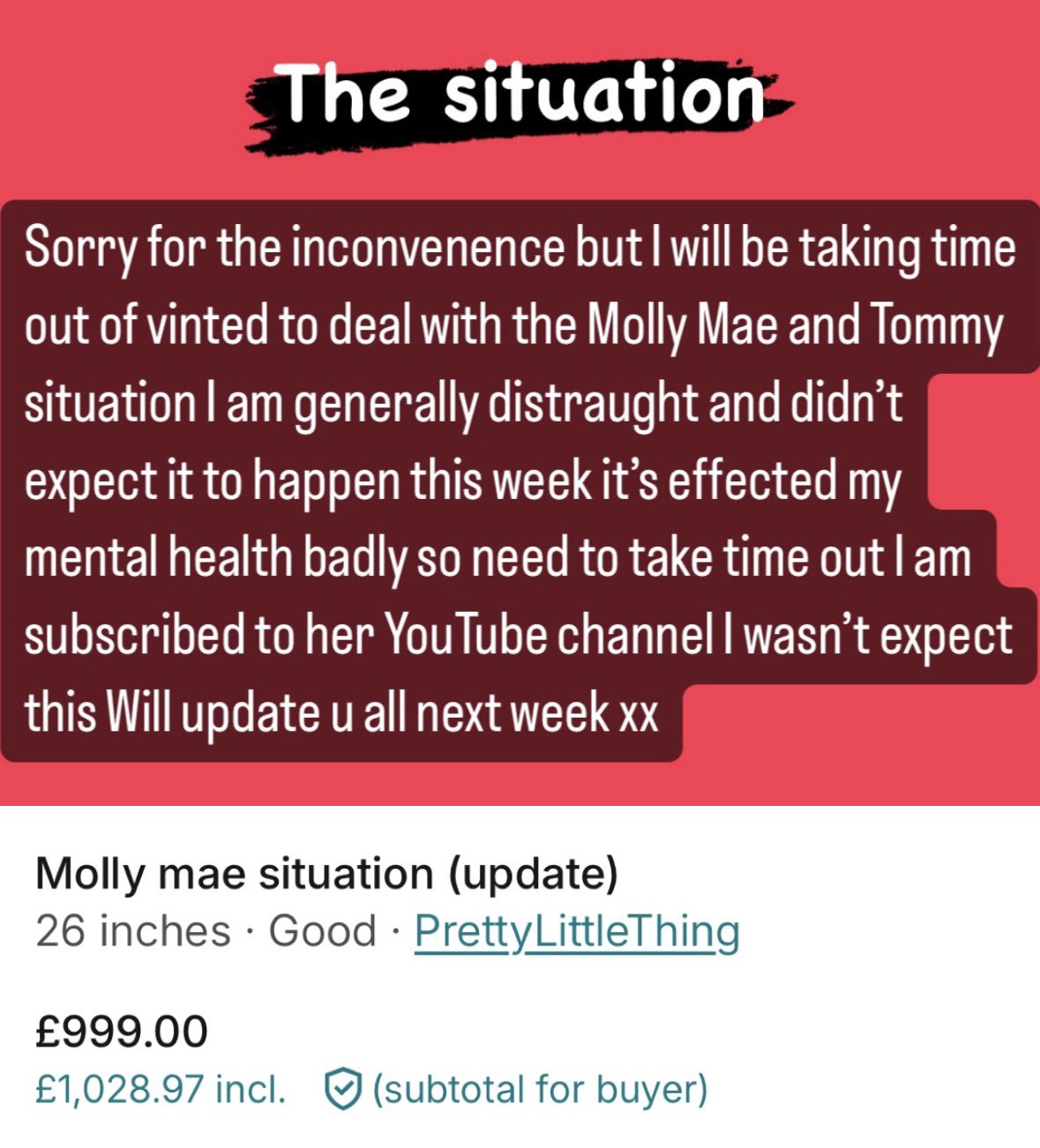 A Vinted seller blames Molly-Mae Hague and Tommy Fury's breakup for a delayed parcel, citing emotional distress. The unusual excuse quickly went viral online.