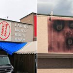 A store billboard's baby face melted by heatwave now resembles a horror image, sparking attention and jokes as Halloween approaches, with visitors flocking for photos.