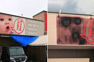 A store billboard's baby face melted by heatwave now resembles a horror image, sparking attention and jokes as Halloween approaches, with visitors flocking for photos.