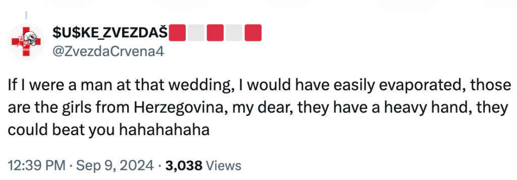 Social media comment on the post of A wedding bouquet toss in Bosnia turned into a brawl as three women fought over the flowers, tumbling to the ground in a chaotic struggle that left guests stunned.