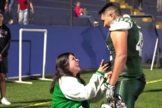 Bride-to-be Diana surprises her partner Rigo by proposing on an American football field during a university match, sparking cheers and going viral with 253,000 TikTok views.