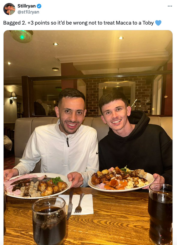 Everton's Dwight McNeil celebrated his two goals against Crystal Palace with a Toby Carvery feast, enjoying a budget roast with friends after their 2-1 Premier League win.