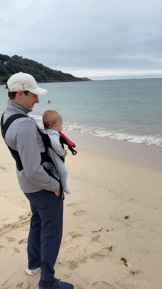 Jockey Harry Skelton shares adorable moments from baby Rory's first holiday in Cornwall, where the five-month-old meets a donkey and enjoys beach walks with his parents.