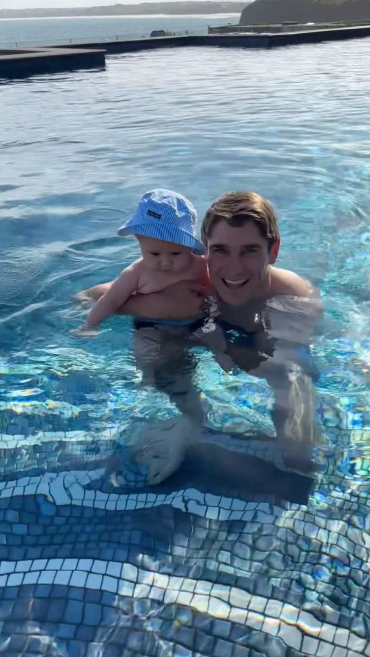 Jockey Harry Skelton shares adorable moments from baby Rory's first holiday in Cornwall, where the five-month-old meets a donkey and enjoys beach walks with his parents.