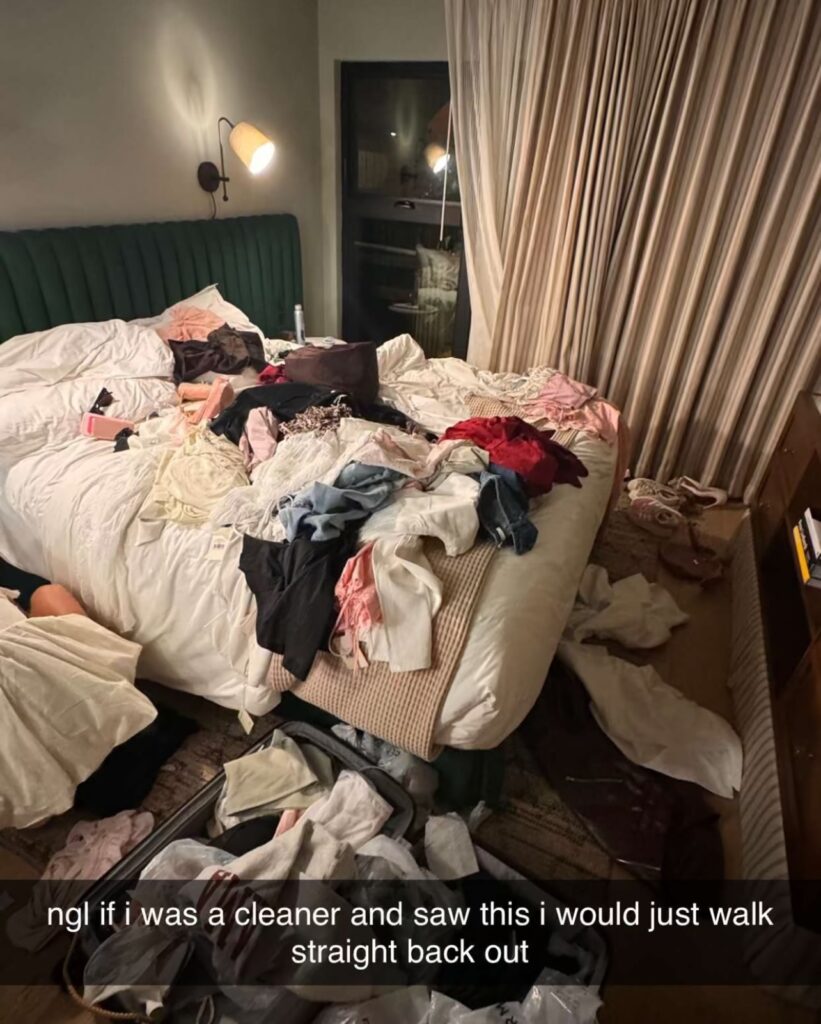 Love Island's Lucinda Strafford shows off her messy LA hotel room, leaving fans stunned. The reality star jokes about housekeeping while preparing for a Disneyland trip.