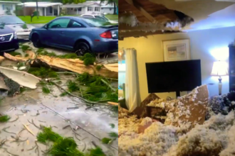 A man shares the terrifying moment a lightning bolt struck a tree, causing it to crash into his home and collapse the ceiling, leaving his Sarasota home uninhabitable.