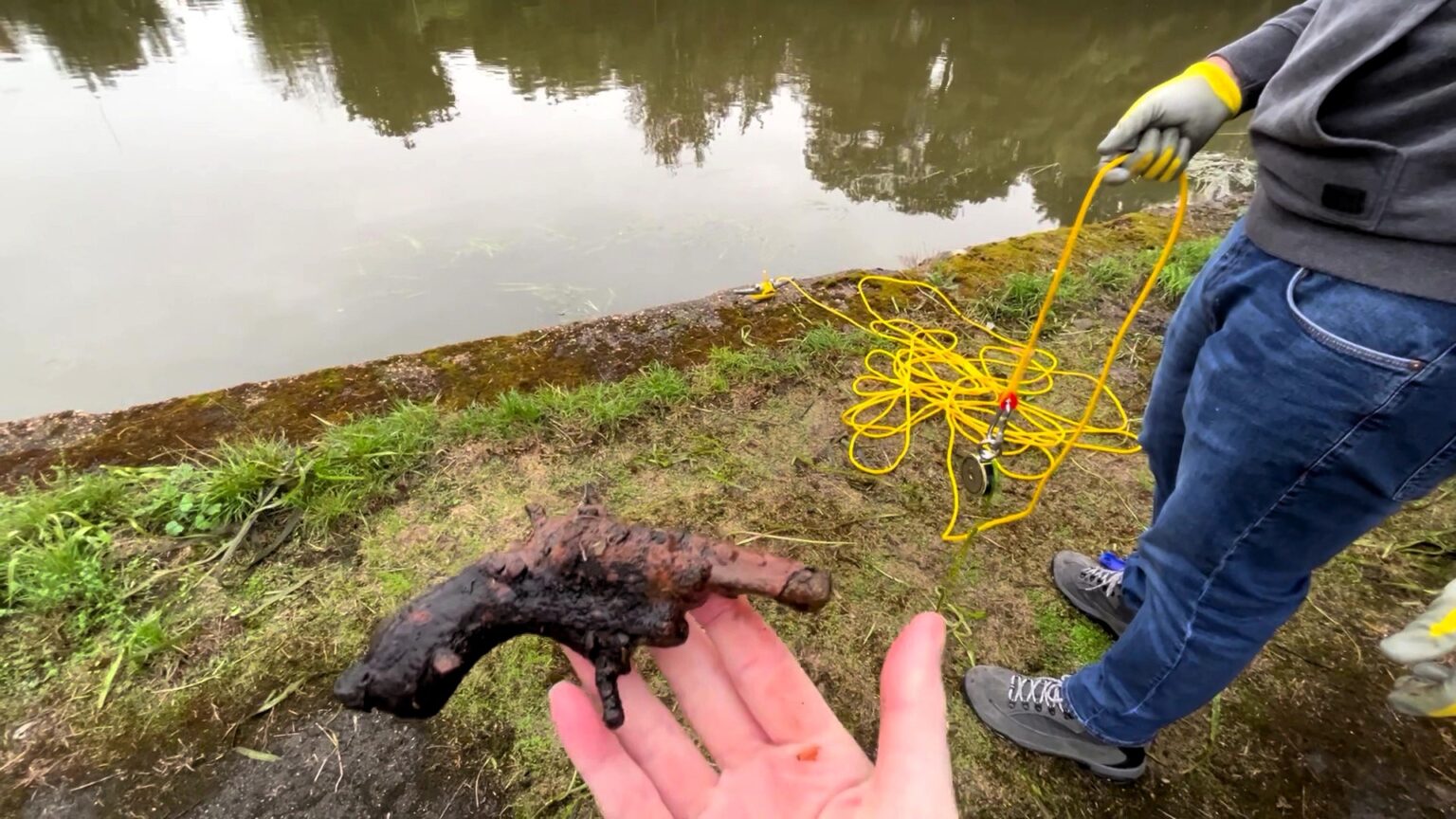 Mum-of-three discovers a 130-year-old pistol while magnet fishing with her son in the River Medway. The rusty weapon was handed over to police for investigation.