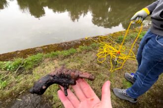 Mum-of-three discovers a 130-year-old pistol while magnet fishing with her son in the River Medway. The rusty weapon was handed over to police for investigation.