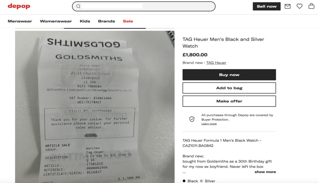 Seller gets revenge on ex by listing unused TAG Heuer watch for £1,800 on Depop after their split, turning a breakup into profit. Another ex’s trainers sold for £400!