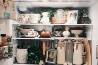 Lynzi Judish sparks debate with her viral 'fridgescaping' trend, decorating her fridge with flowers, candles, and framed pictures, turning it into a whimsical, organized space.