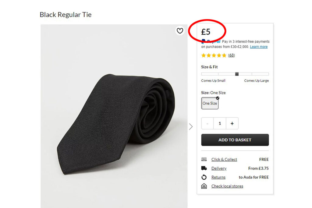 Balenciaga sells a funeral-style tie for £250, while Asda offers a similar version for just £5. Balenciaga's tie is made of lyocell, promoting sustainability and ethical standards.