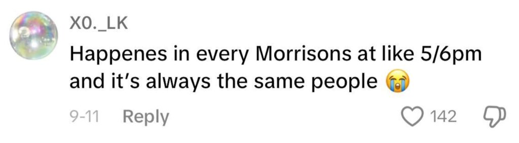 Social media comment on the post of Bargain-hunters swarm Morrisons' reduced food trolley daily at 5:30pm, sparking frenzy over discounted items as low as 5p amidst the UK cost-of-living crisis.