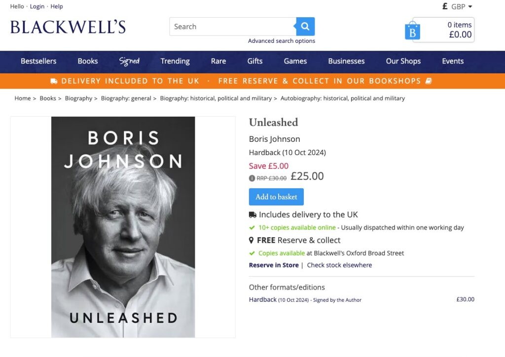 Boris Johnson's memoir *Unleashed* sees its price slashed by 50% just a week after launch, with Amazon selling it for £15. Despite initial sales, it's now in the bargain bin.