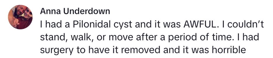 Social media comment on the post of Emergency medic warns against shaving bum hair, explaining the painful risk of pilonidal abscesses that may require surgery.