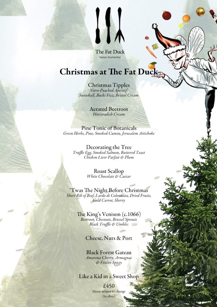 Heston Blumenthal's Fat Duck hikes Christmas dinner price to £450 per person, offering a ten-course festive meal without turkey, available from November 27 to December 22.