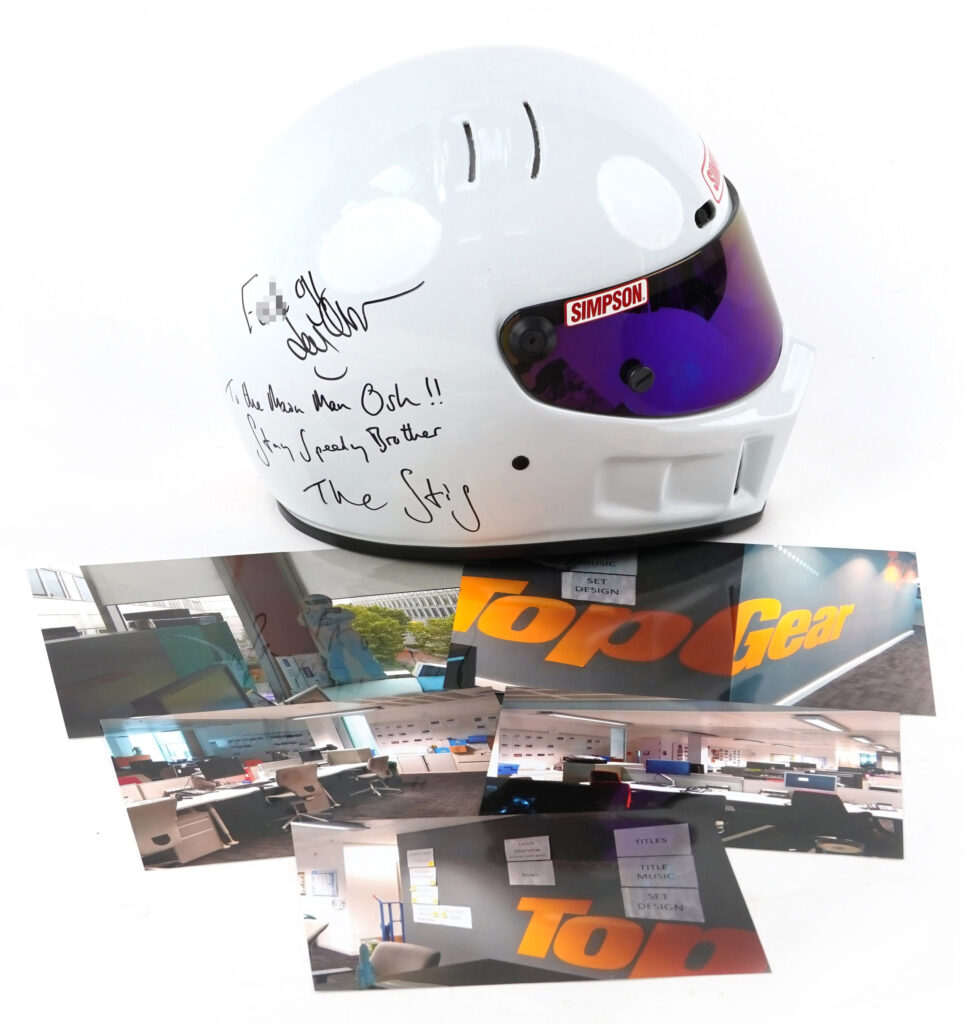 A helmet signed by Jeremy Clarkson with "F*ck off," intended for producer Oisin Tymon after their 2015 altercation, sold for £3,800 at auction, exceeding expectations.