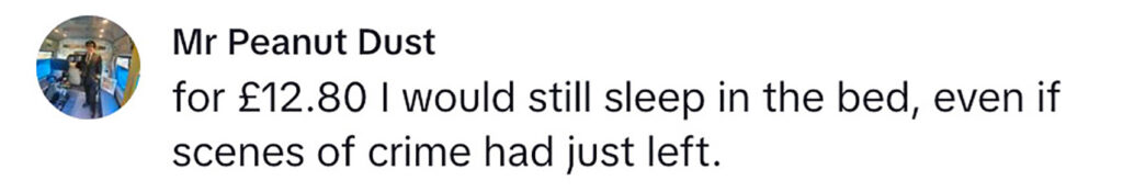 Social media comment on the post of A man left a £12.80 budget hotel in Blackpool after a UV light inspection revealed stains on the bed. Despite the findings, he praised the staff and included breakfast.