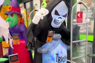 Homebase shoppers were left in stitches after spotting a Grim Reaper Halloween decoration appearing to 'hump' a gravestone, with the hilarious display going viral online.