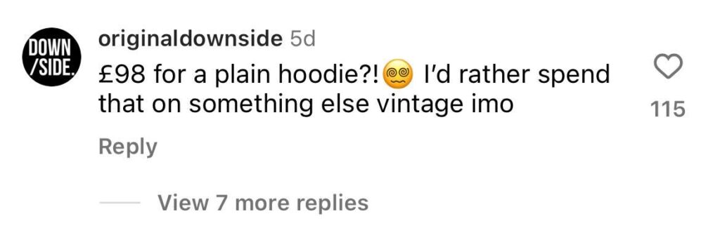 Social media comment on the post of 90s Supreme sweatshirts resurface at Brents Warehouse, selling for £98 despite plain design, sparking debate as fans compare them to £8 Primark hoodies.