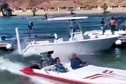 Terrifying footage shows an elderly couple crashing their speedboat onto the shore at full speed in California. The viral clip has over 7.4 million views, but luckily no one was injured.