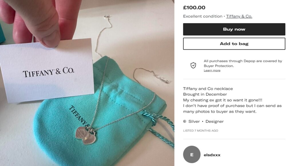 Woman takes revenge on cheating ex by selling his £275 Tiffany necklace for just £100, complete with a brutally honest description.