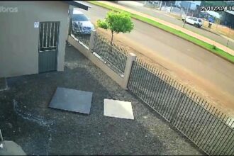 A stationary car mysteriously flips over its bonnet in Brazil, caught on CCTV. A snapped cable tangled by a passing lorry may have caused the bizarre accident.