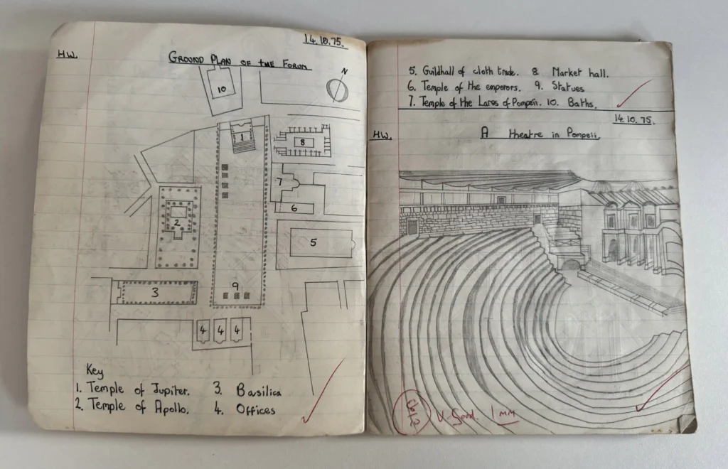 A history exercise book from 1975 was found in a school drawer and returned to its owner, Sean Morris, 49 years later, sparking nostalgia and a trip down memory lane.