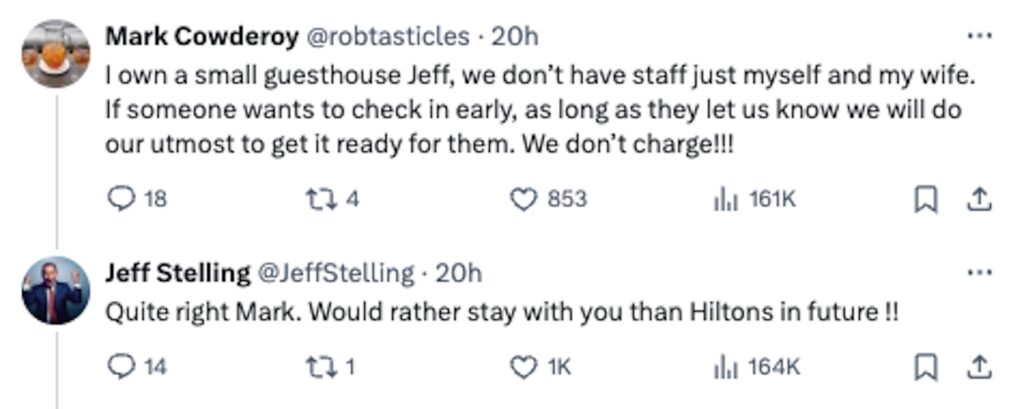 Social media comment on the post of Jeff Stelling slams Hilton Hotels for charging £10 per hour to check in early at their Hamilton Park location. Fans back the ex-Soccer Saturday host, calling it a "money-making rip-off."