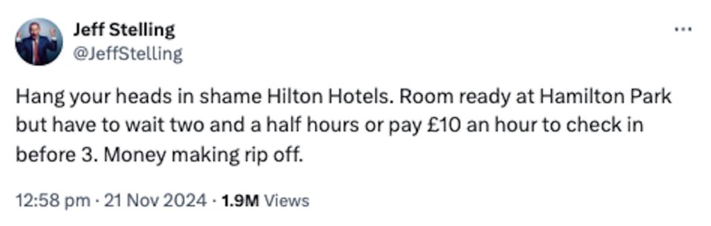 Jeff Stelling slams Hilton Hotels for charging £10 per hour to check in early at their Hamilton Park location. Fans back the ex-Soccer Saturday host, calling it a "money-making rip-off."