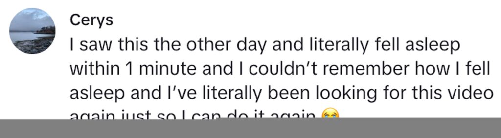 Social media comment on the post of Sleep expert reveals bizarre visualization hack to fall asleep fast. Viral TikTok trick helps countless viewers drift off easily. Try it tonight for a better sleep.